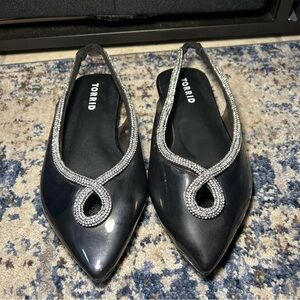 Torrid Black & Silver Jeweled Pointed Toe Slingback Flats 6 Extra Wide Width